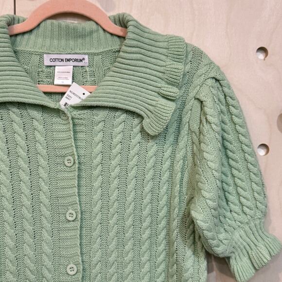 COTTON EMPORIUM Cardigan NWT Size M Collared Cable Knit Puff Sleeve Sweater - Picture 3 of 7